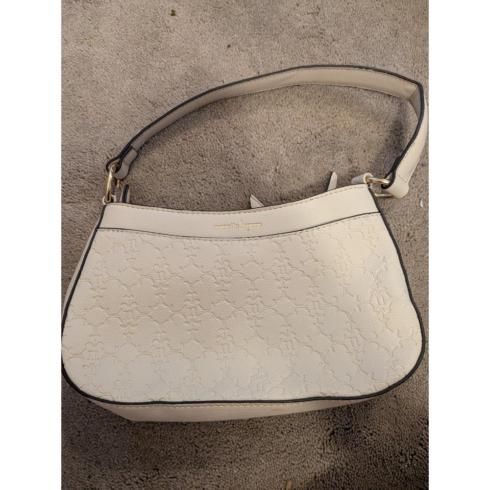 Nanette Lepore Cream Embossed Logo Shoulder Bag Faux Leather Gold Tone Zip Purse
